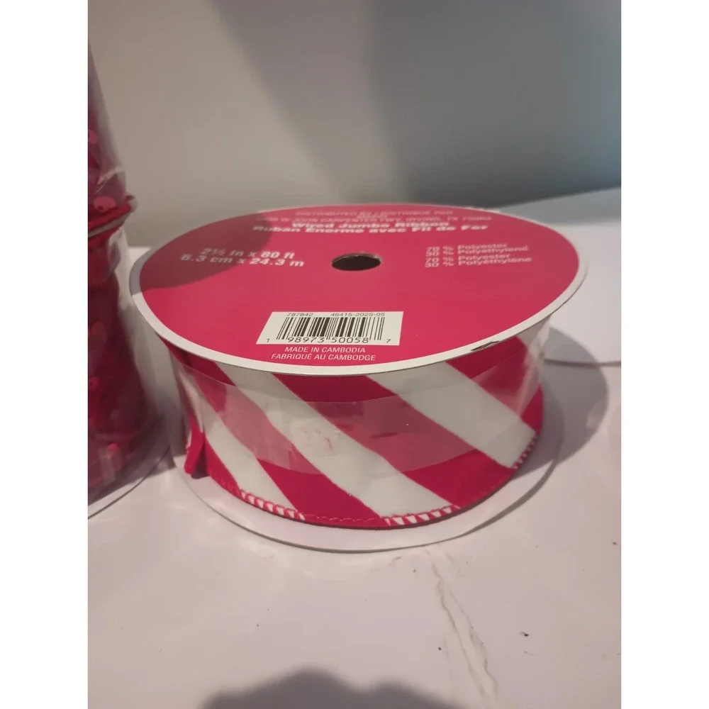 Christmas Wired Ribbon Lot 5 Spools Red Sequin Candy Cane Stripe Glitter Craft